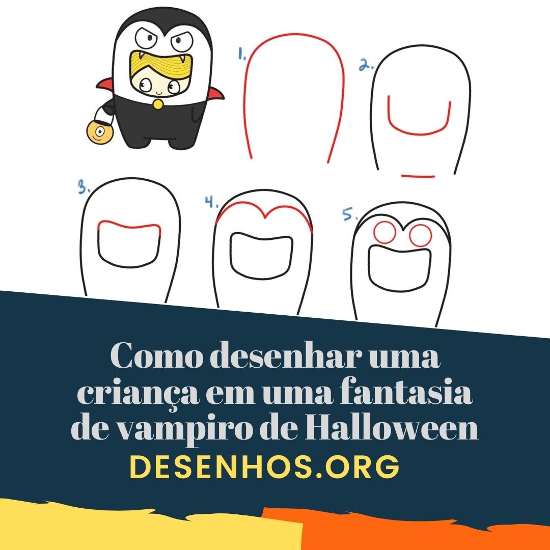 Como desenhar uma criança em uma fantasia de vampiro de Halloween (Cute Kawaii)