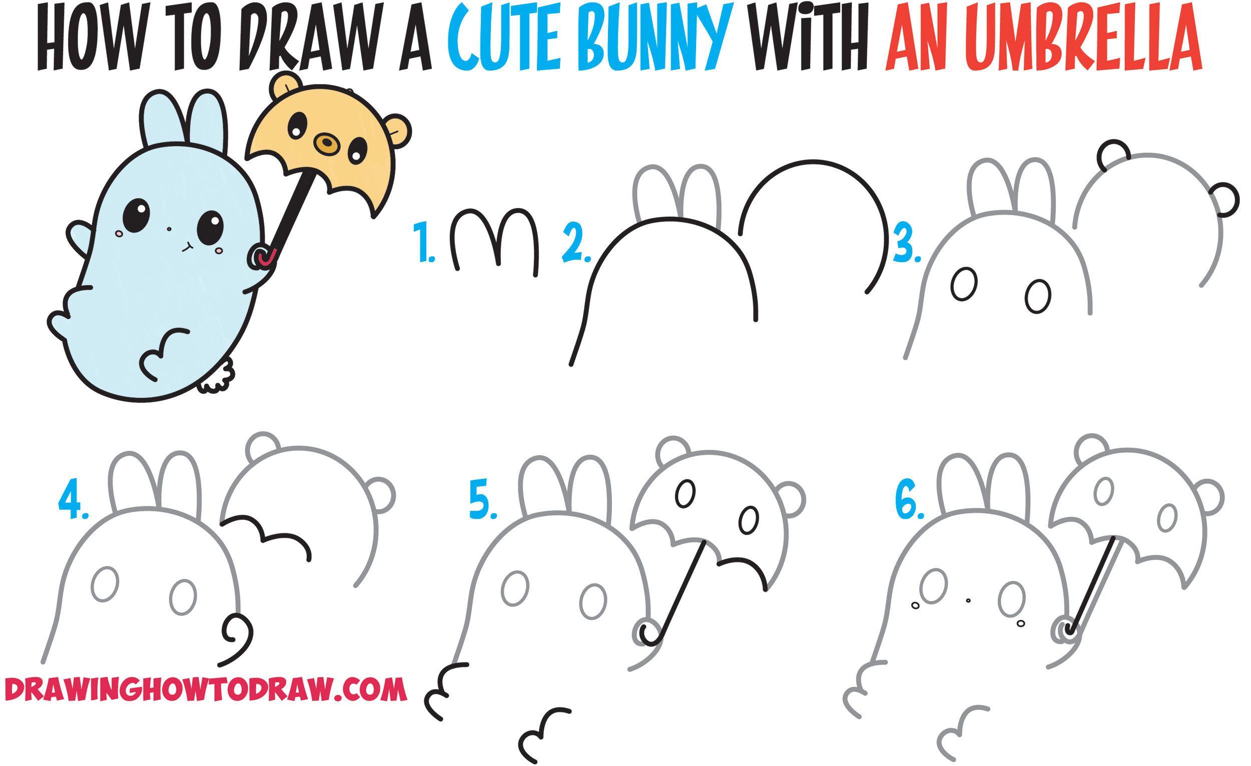 Como desenhar um coelho bonito segurando um guarda-chuva de urso 