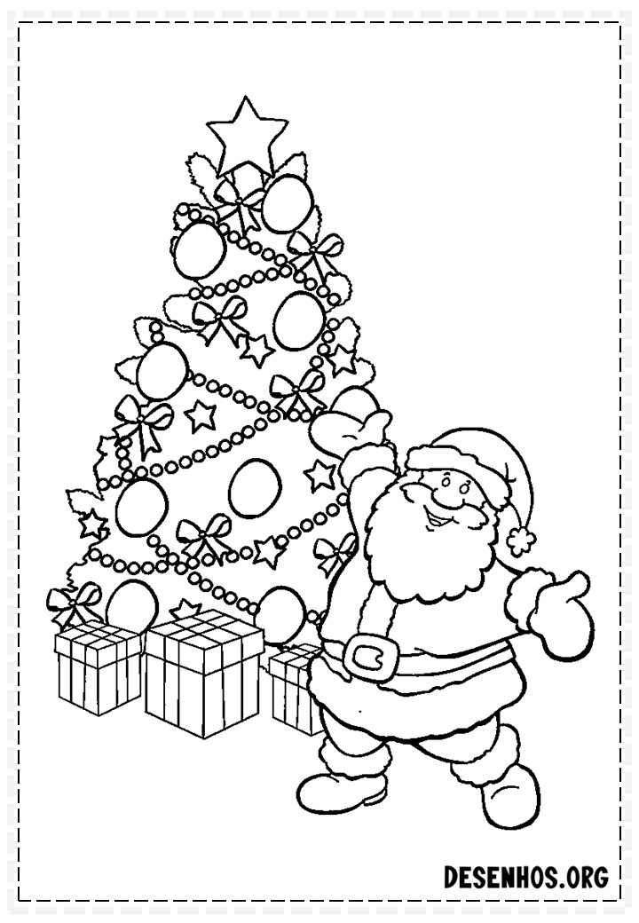 Desenho de árvore de Natal com Papai Noel para pintar