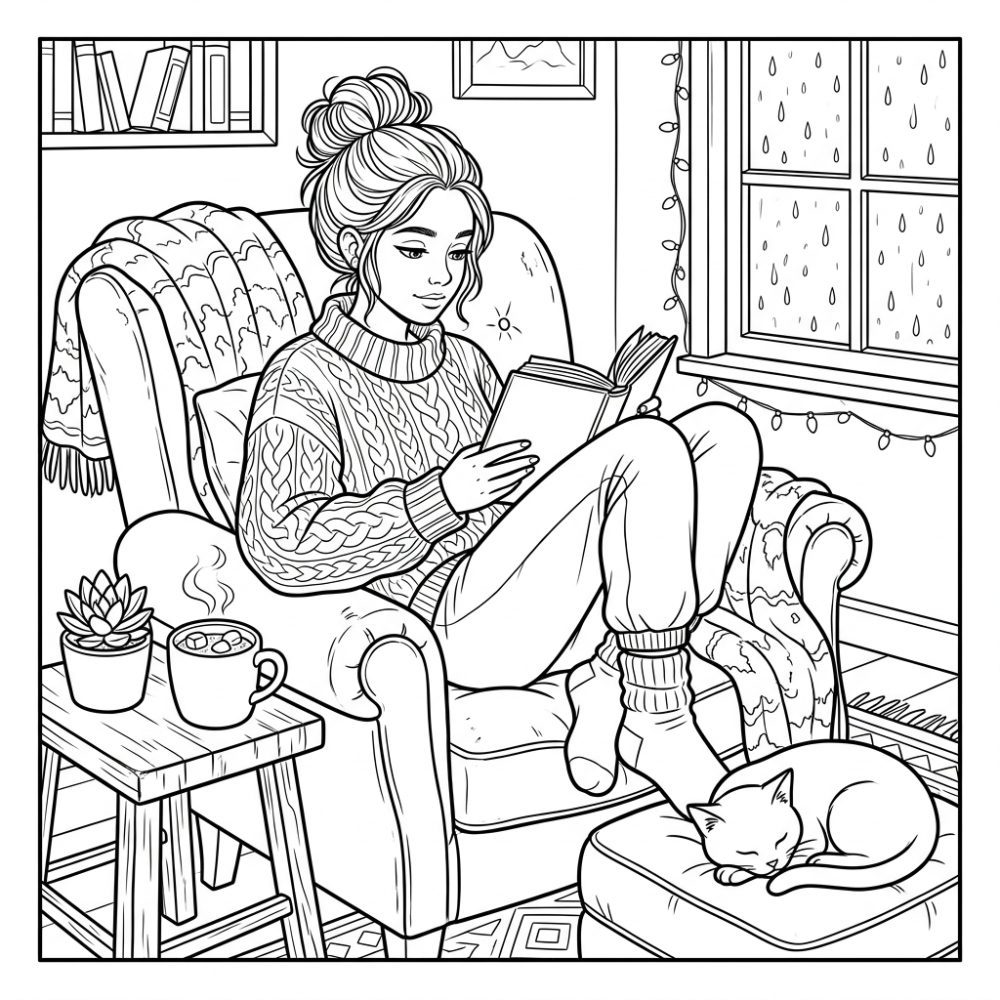 Garota para colorir lendo um livro em momento fofo com seu gato